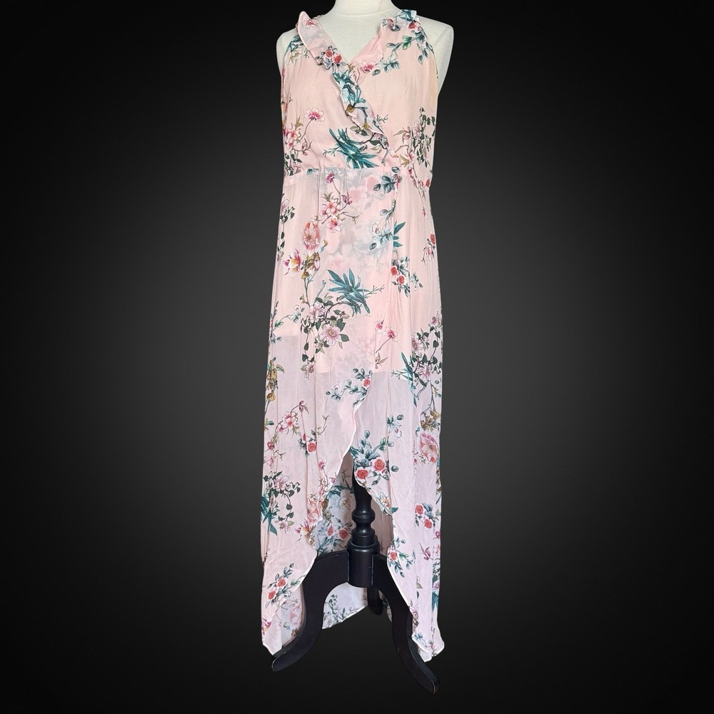 Lavender Brown Brand Maxi Dress Sz L Faux Wrap Lined Party $278 Sexy made in USA
